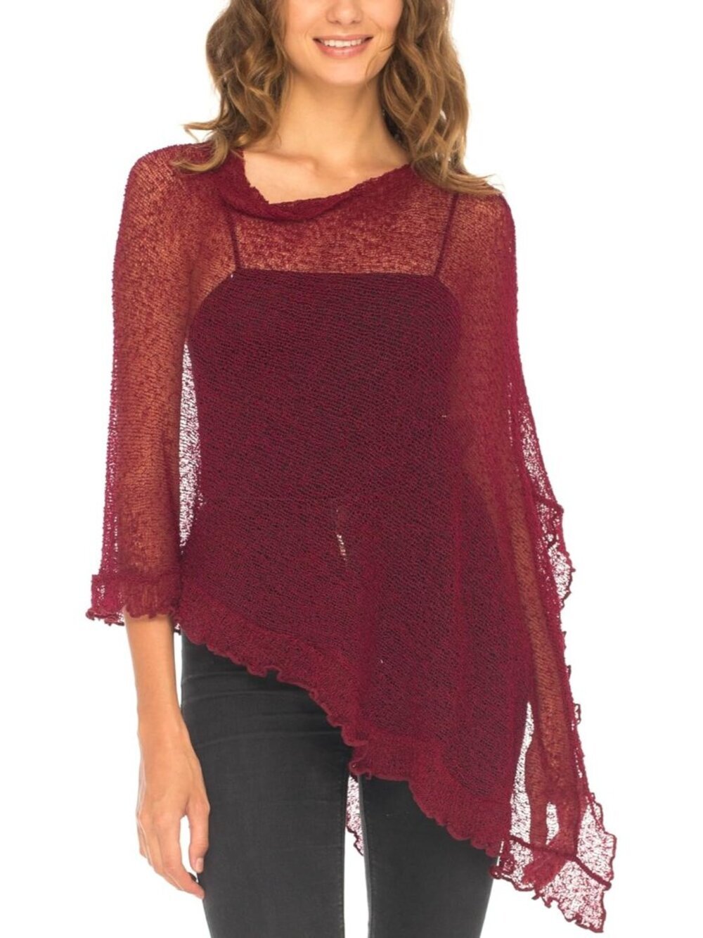 Women’s Maroon Sheer Knit Poncho Shrug Lightweight Asymmetrical Ruffle Wraps